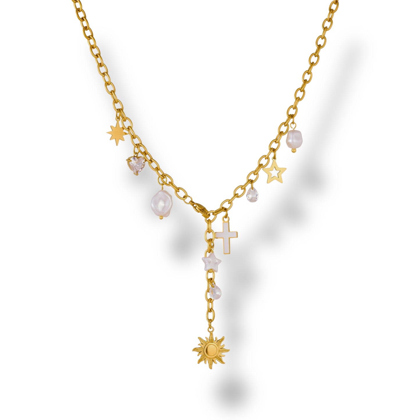Collar Charm Mix — Sol, cruz, perlas y estrellas