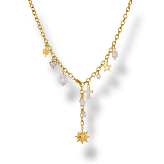 Collar Charm Mix — Sol, cruz, perlas y estrellas